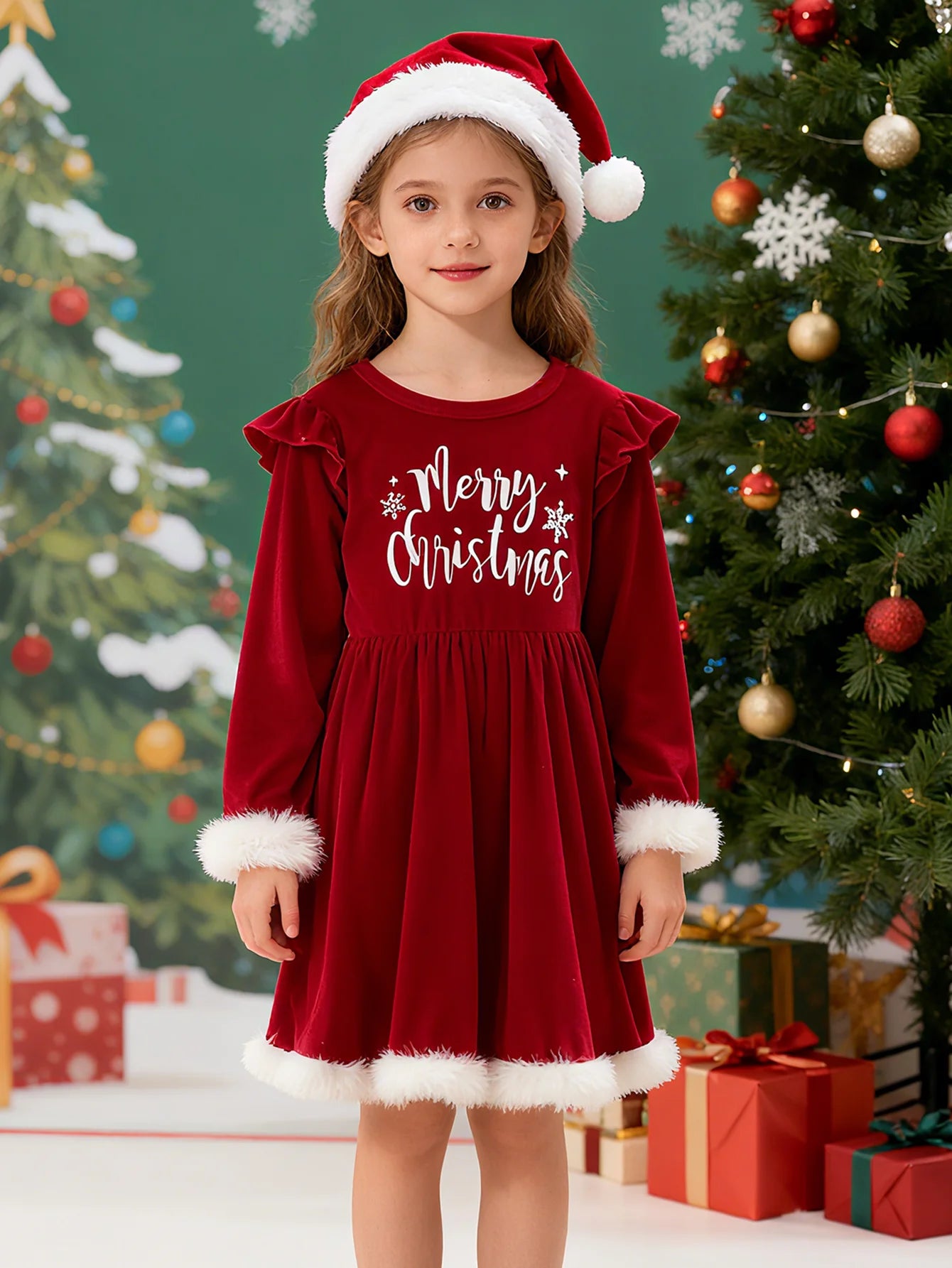 Girls Halloween Christmas Dress Letter Print Long Sleeve Crewneck Party Wear Autumn Winter Fashion Cute Versatile Outfit