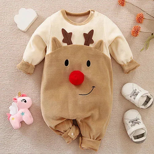 Christmas Children Clothes 0-24M Newborn Baby Boys Girls Bodysuits Long Sleeved Cartoon Velvet Jumpsuit New Year Clothing