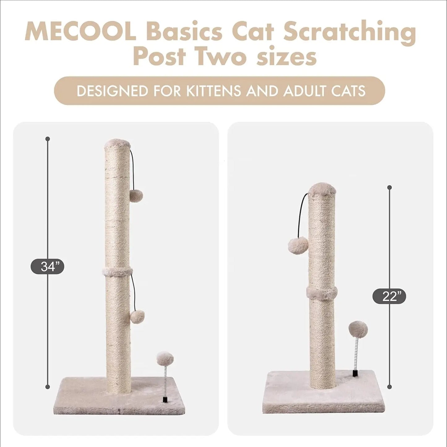 Cat Scratching Post with Hanging Ball - 22” Sisal Scratch Pad for Kittens & Small Cats - Durable Basics Design - Beige