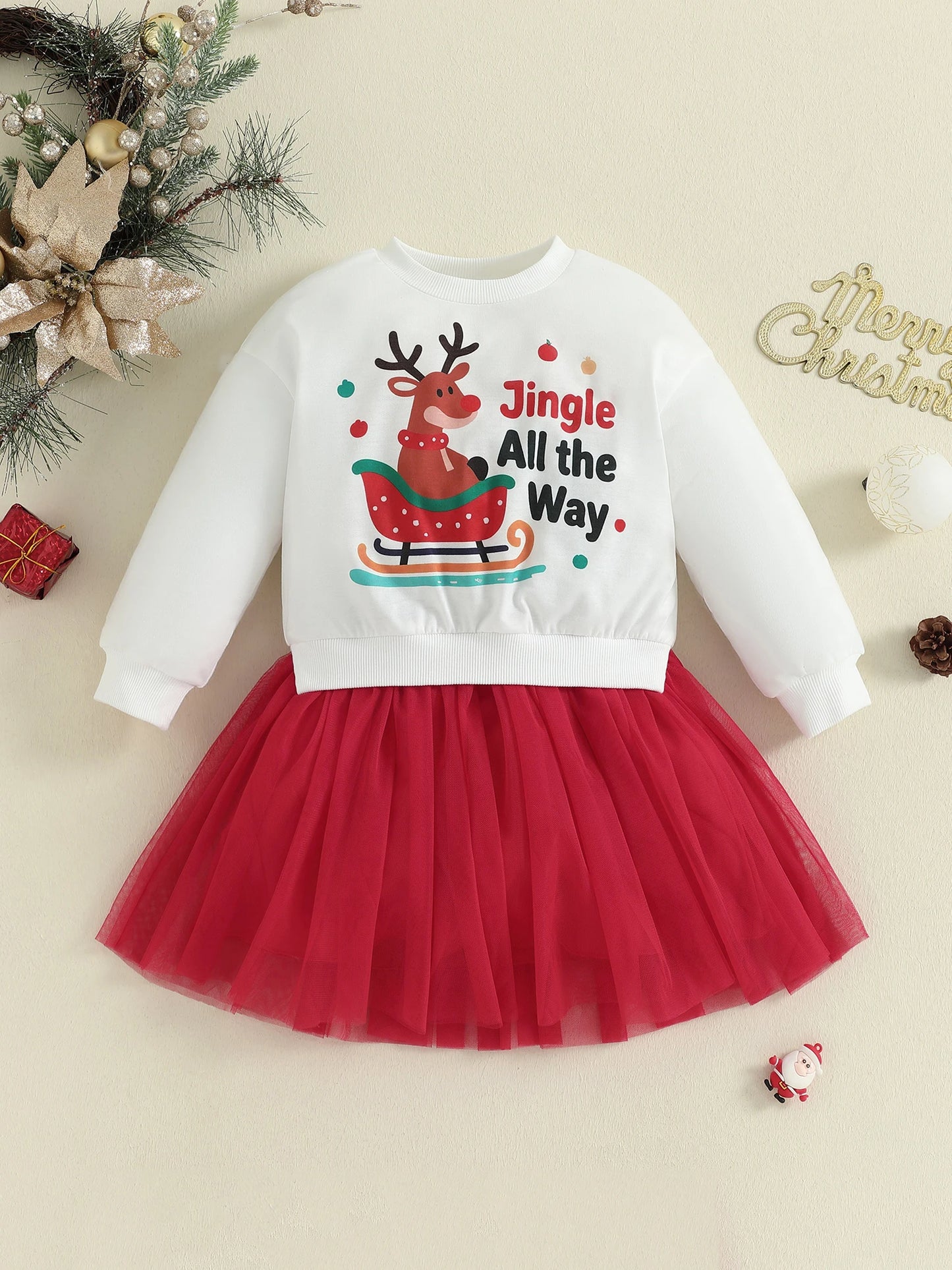 Girls Christmas Dress with Snowflake Print and Bow Detail Round Neck Long Sleeves Tulle Patchwork Dress