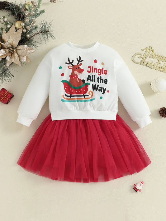 Girls Christmas Dress with Snowflake Print and Bow Detail Round Neck Long Sleeves Tulle Patchwork Dress