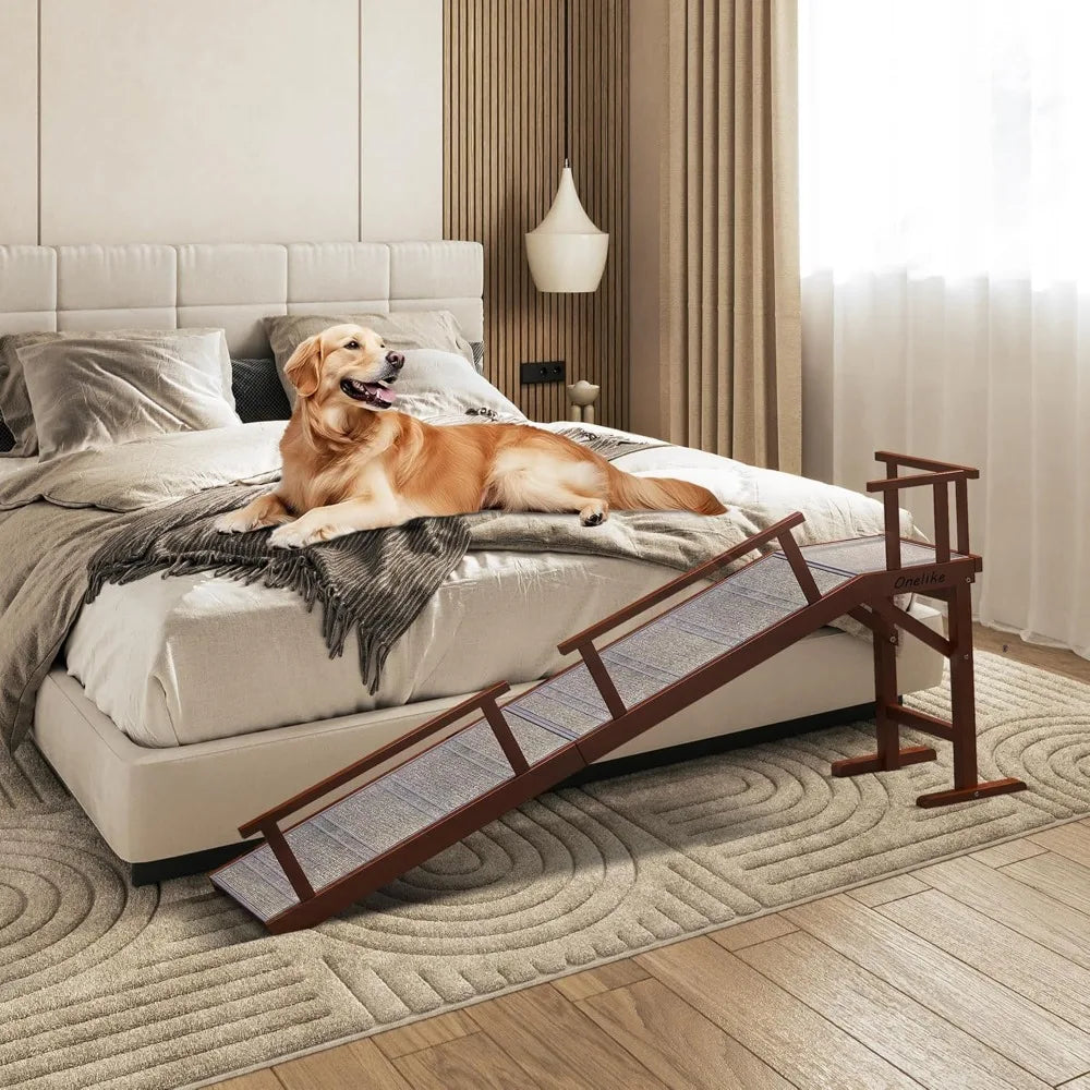 Wooden Dog Ramp for Bed with Removable Side Rail and Non-Slip Carpet, Stable Pet Ramp Stair for Couch Sofa for Small & Large & S