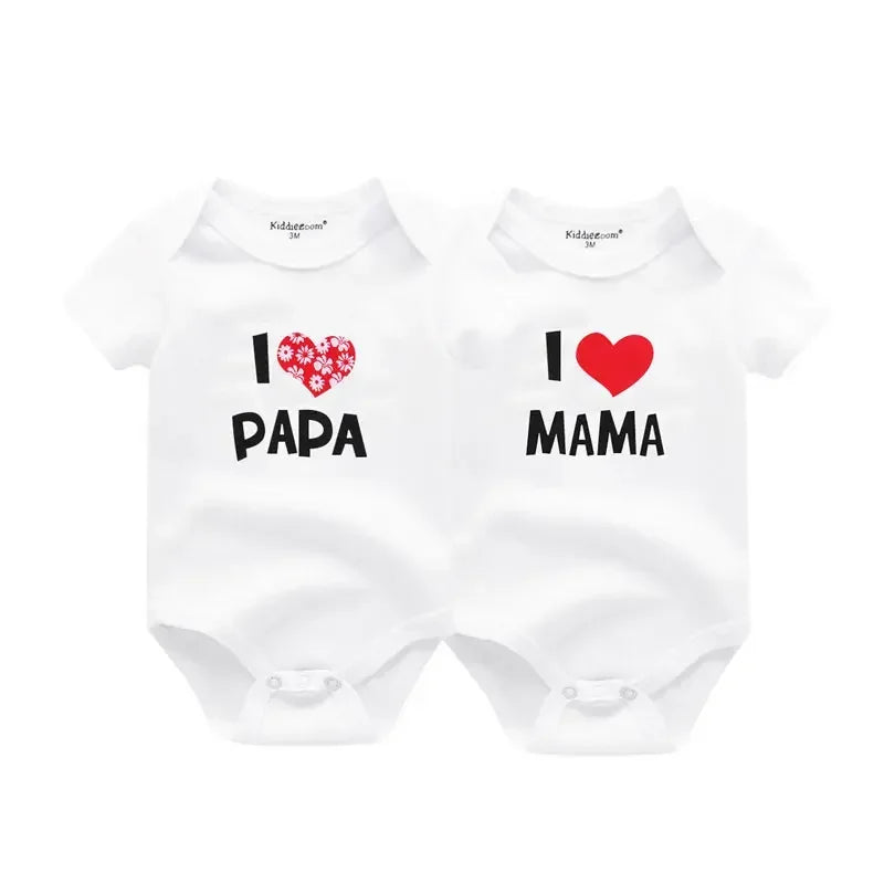 Newborn Twin 2 Pcs Baby Bodysuits - Four Seasons 100% Soft Cotton "I love Papa Mama" Onesies for Boys Girls