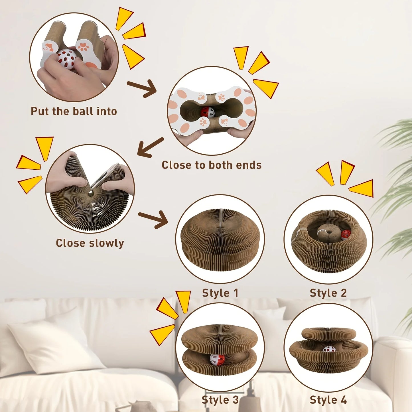 Kitty Curlz Cat Scratching Board (1/2pcs) – Foldable, Recyclable,Scratch-Resistant Toy with Ball for Fun Interactive Indoor Play