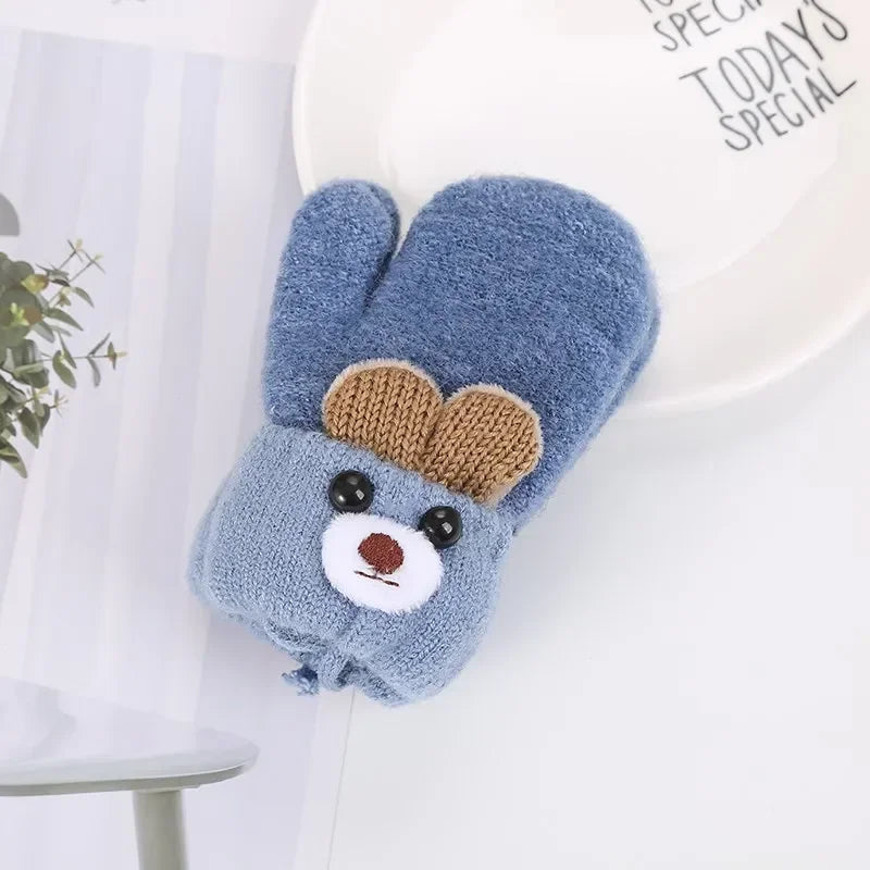 Toddler Winter Warm Knitted Gloves - Cute Bear Design Full Rope Thermal Mittens for Boys & Girls (Infant/Kids)