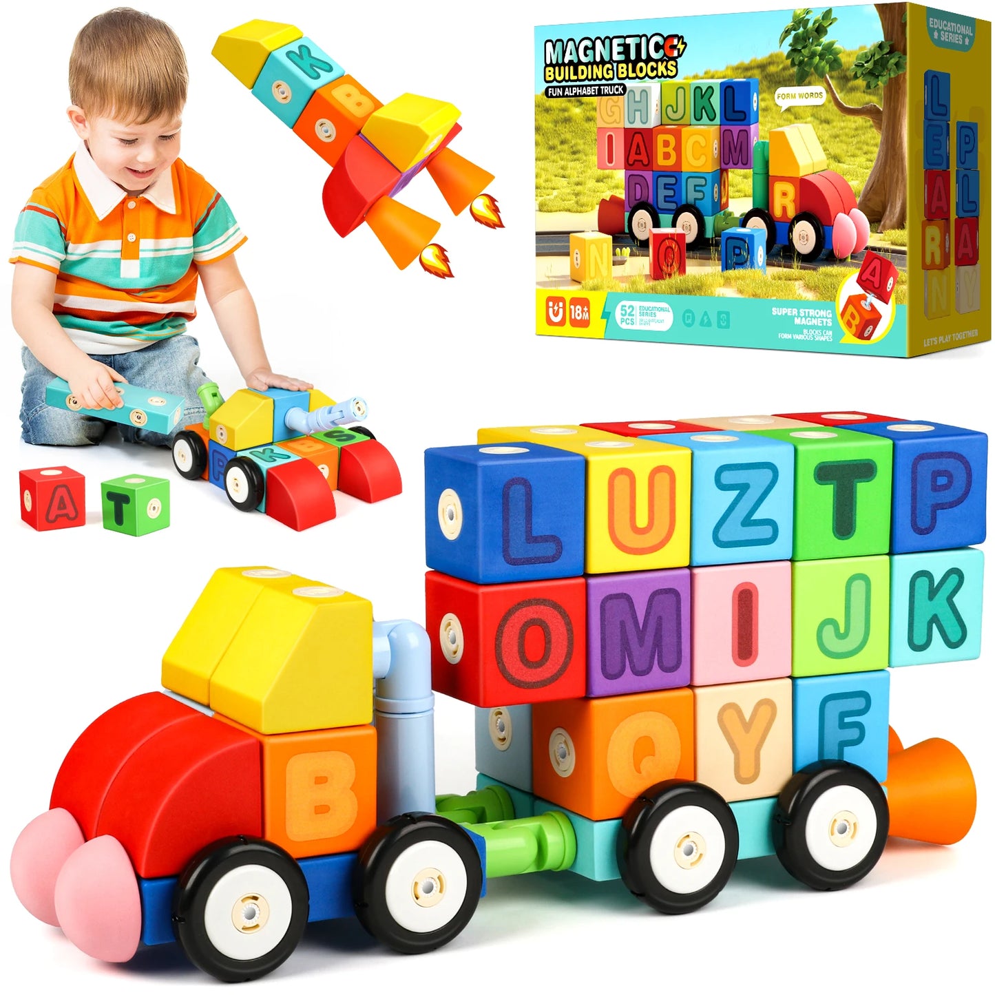 Foam Magnetic Building Blocks,52PCS Magnetic Alphabet Truck Toys,Educational Learning Toys for 1 2 3 Year Old Boys Girls Gift