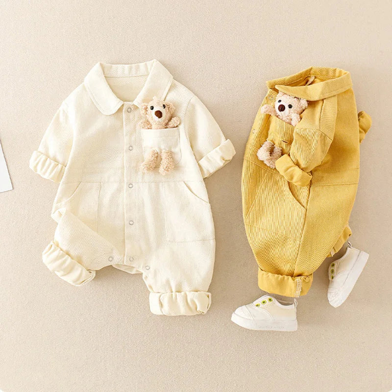 Spring Denim Baby Jumpsuit Cartoon Pocket Bear Romper for Boys Girls Newborn Overalls Korean Style Onesie Autumn Kids Clothing