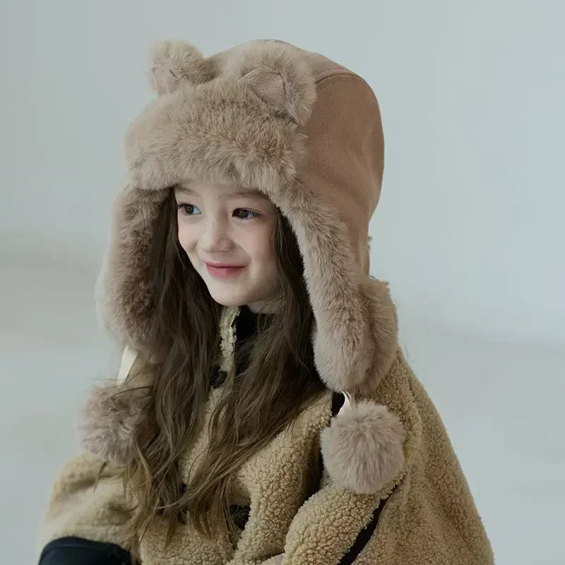 4-8Y New Winter Windproof Integrated Cap Scarf Soft Plush Warm Ear Protection Neck Cute Kids Beanie