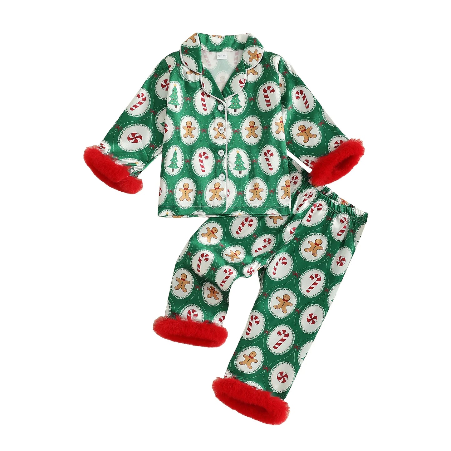 Girls Christmas Satin Pajama Set with Reindeer Print Lapel Long Sleeve Button Down Top and Matching Pants Sleepwear