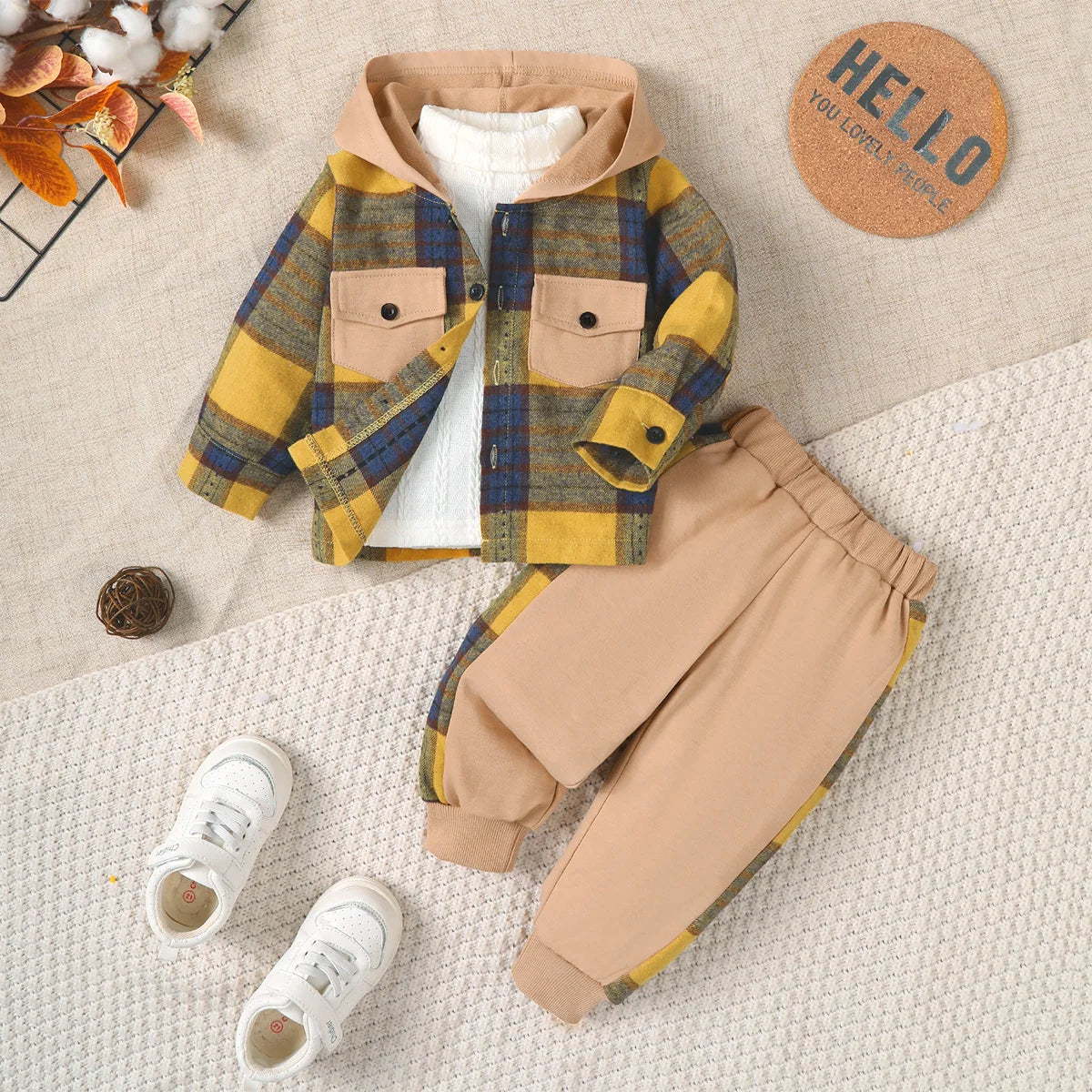 Winter 1-4 Years Old  Cool  Boys  Checkered Hooded Sweatshirt And Sports Pants Casual 2-Piece Set