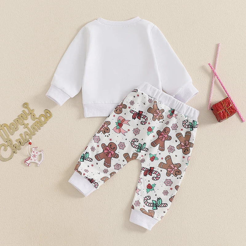 Toddler Girl Boy Christmas Outfits Embroidery Long Sleeve Sweatshirt with Gingerbread Man Print Pants Set