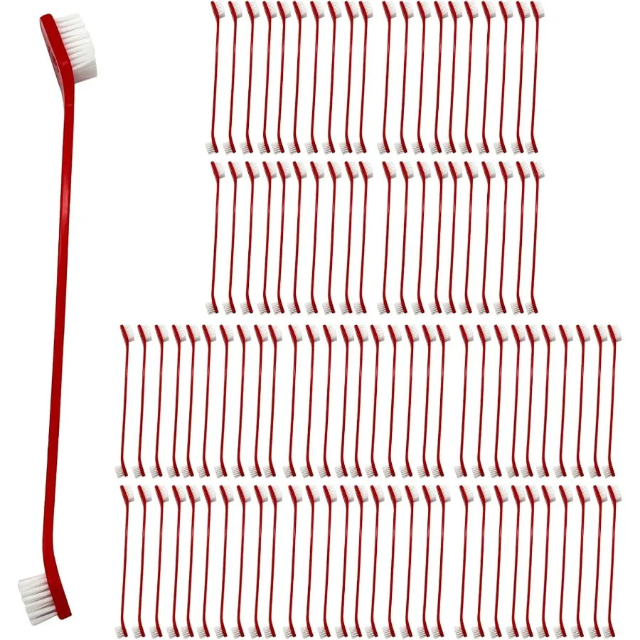 100Pcs Dog Toothbrush Dual Headed Puppy Tooth Brushing Kit with Long Handle Soft Grooming Pet Dental Brushes Convenient Double