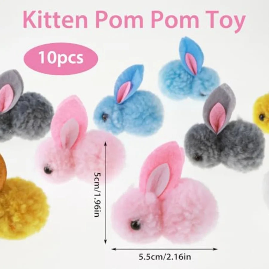 10Pcs Plush Toy Balls, Cute Bunny Shape Kitten Pompom Soft 5.5cm 2.16in Puff Ball Indoor Fun Colorful Cat Ball Toy Pom Pom Ball.