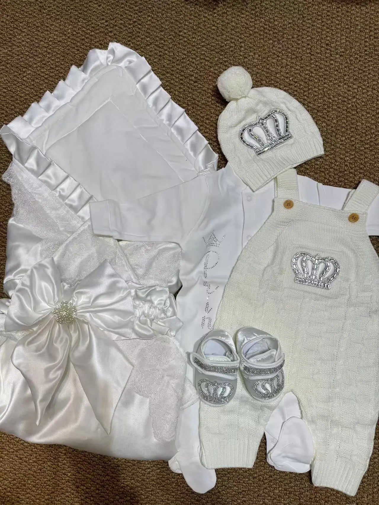 White Baptism Baby Coming Home Hospital Outfit Cotton Romper Knitted Back pants Receiving Blanket Swaddle Gift Set