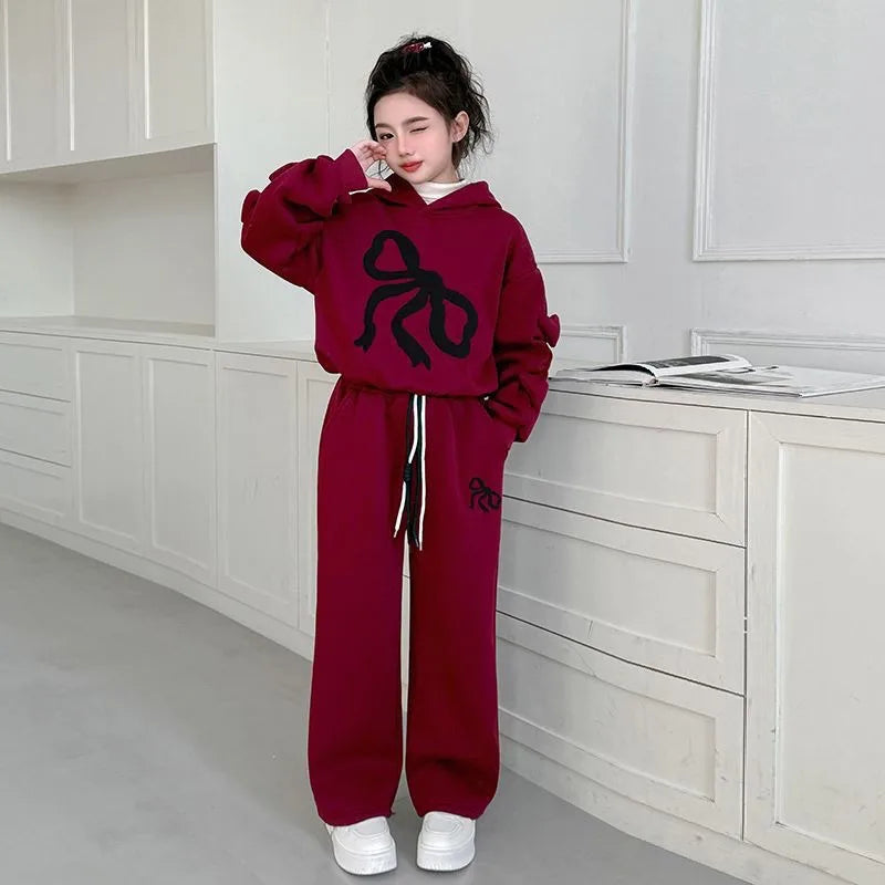 Fleece-lined Top & Pants 2-Piece Set Hoodies Bow Girls' Outfits Children's Clothing Korean Kids Clothes 11 12 Years Girl 10 Old