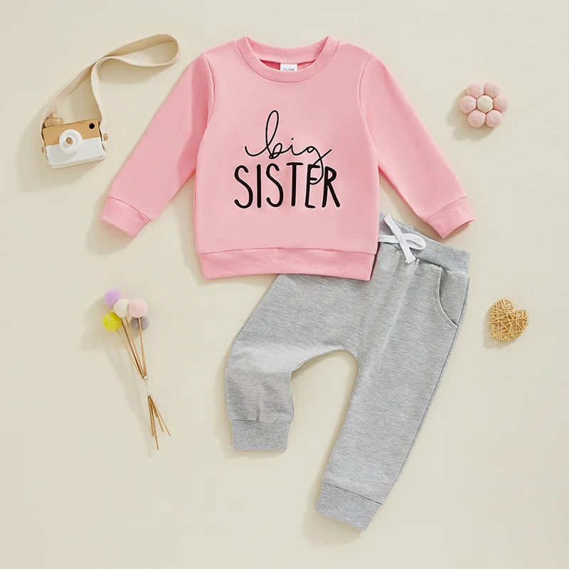 Baby and Sister Matching Outfits Letter Print Long Sleeve Pullover Sweatshirt Elastic Waist Pants for Fall Winter