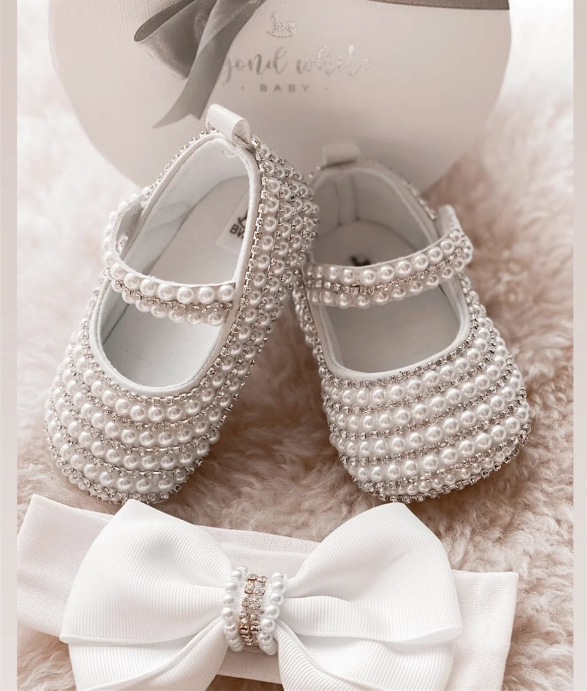 Dollbling Handmade White Pearls Bling Rhinestone Baby Crib Shoes Christening Outfit Wedding Sparkle Organza Baptism 0-3m Shoes