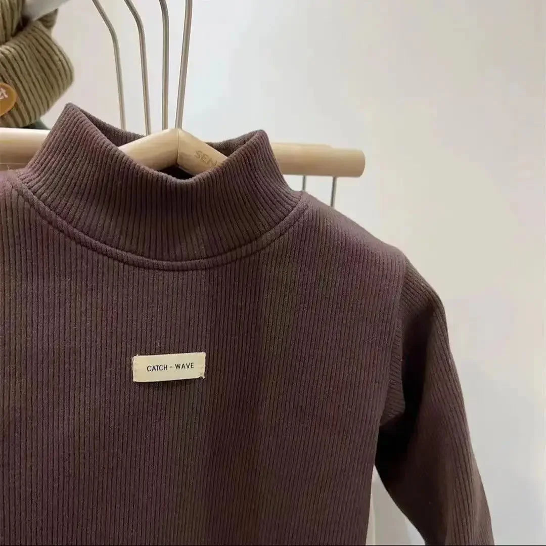 Autumn Winter Unisex Children Velvet T-Shirt Solid Warm Half High Collar Long Sleeve Base Shirt