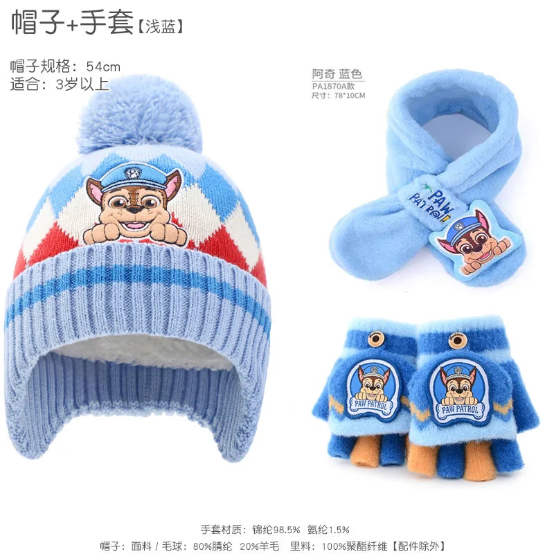 2-3PCS/SET Genuine PAW PATROL Winter Hat Glove Scarf SET Cute Cartoon Skye Chase Boys Girls Baby Cap Christmas Gifts