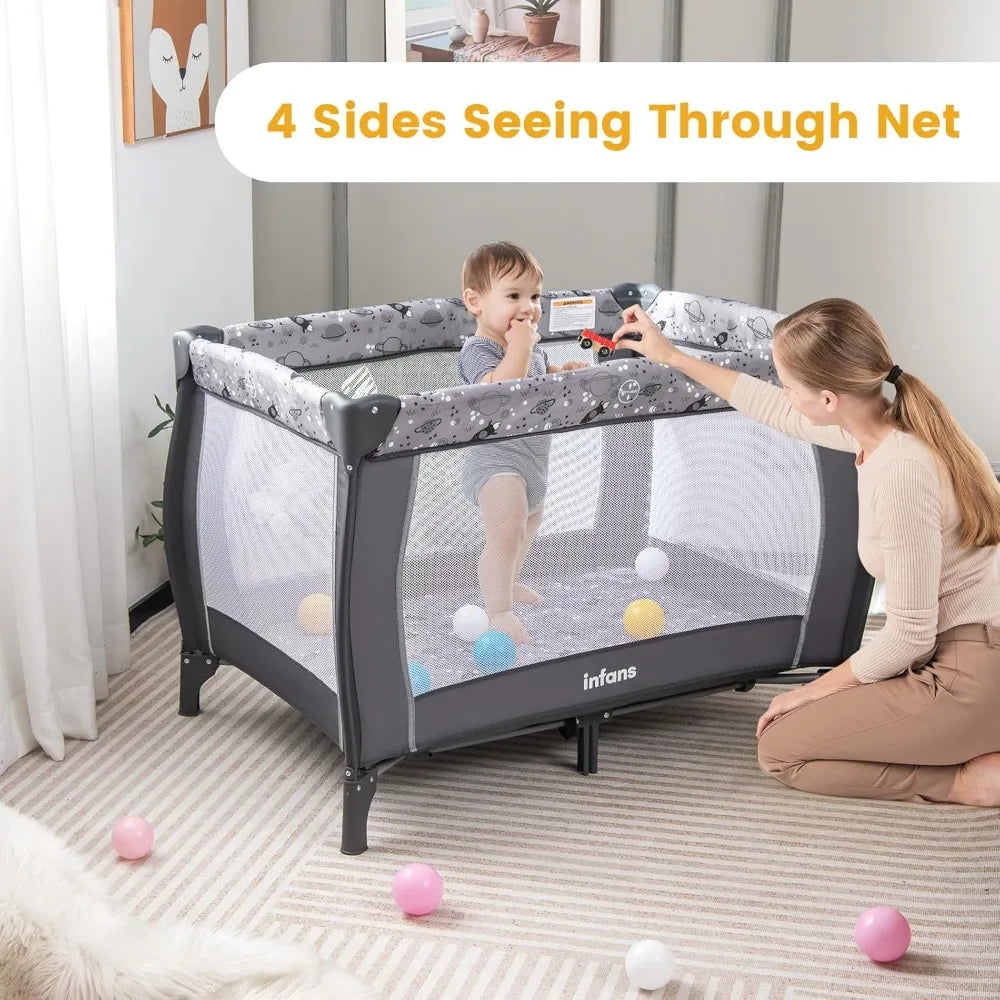 4 in 1 Pack and Play, Portable Travel Baby Playard with Bassinet, Changing Table, Canopy, Mosquito Net, Hanging Toys,