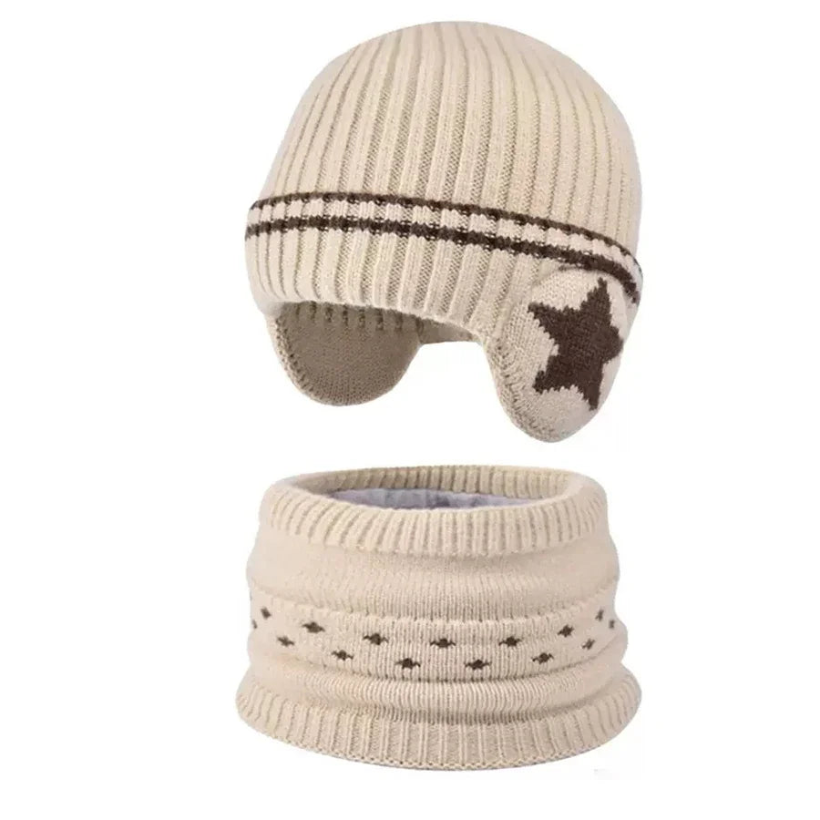 2pcs 3-12Y Kids Autumn Winter Set Warm Thick Windproof Ear Protection Hat Scarf for Boys Girls