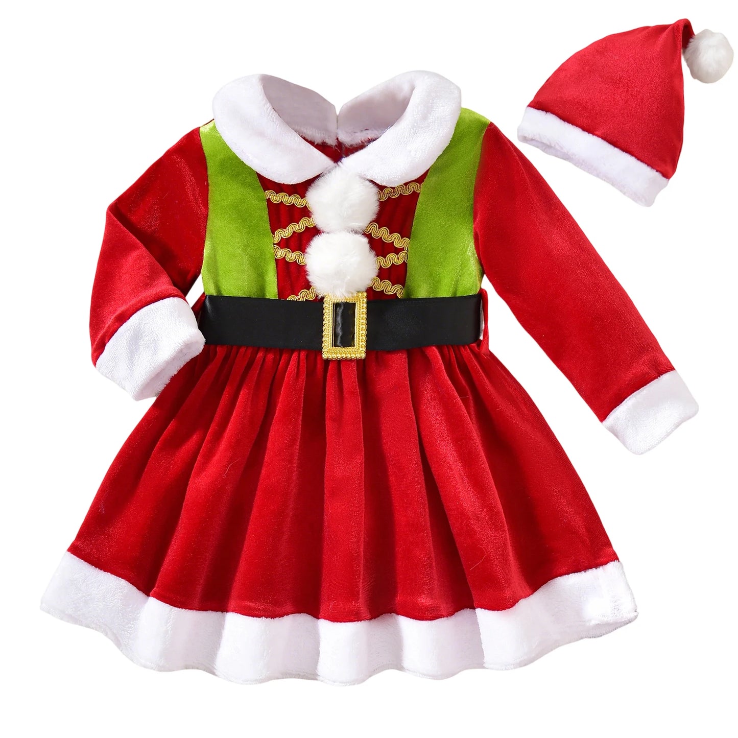 Toddler girl Christmas outfit, red dress and Santa hat.
