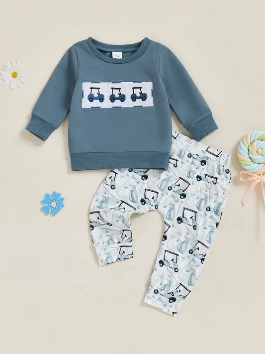 Boys Autumn Apparel Cozy Golf Carts Embroidered Sweatshirt and Pants Set for Toddlers 2-Piece Outfit for Fall