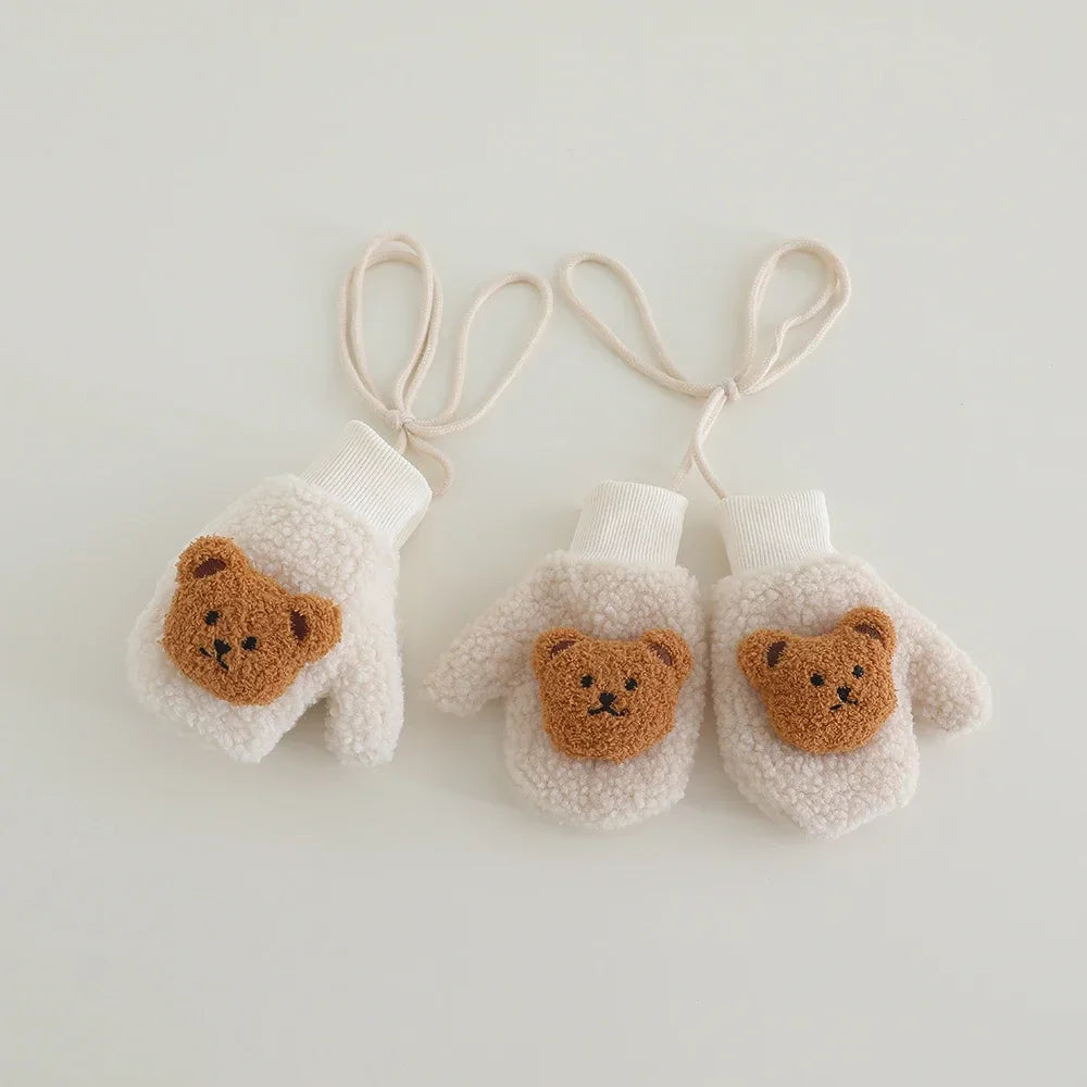 2-5Y Kids Cute Bear Full Finger Gloves - Winter Lamb Wool Warm Windproof Cold-Proof Outdoor Mittens for Boys & Girls