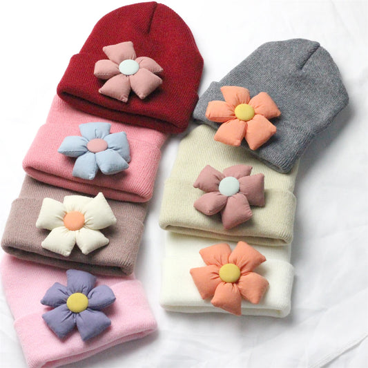 Flower Winter Knitted Hat for Baby Girl Hair Accessories Newborn Cute Winter Crochet Beanie with Fabric Sun Flower Infant Bonnet