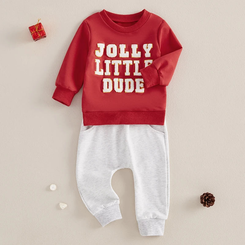 Baby Boy Christmas Outfit Letter Embroidery Pullover Sweatshirt Elastic Waist Pants 2 Piece Set for Winter Fall