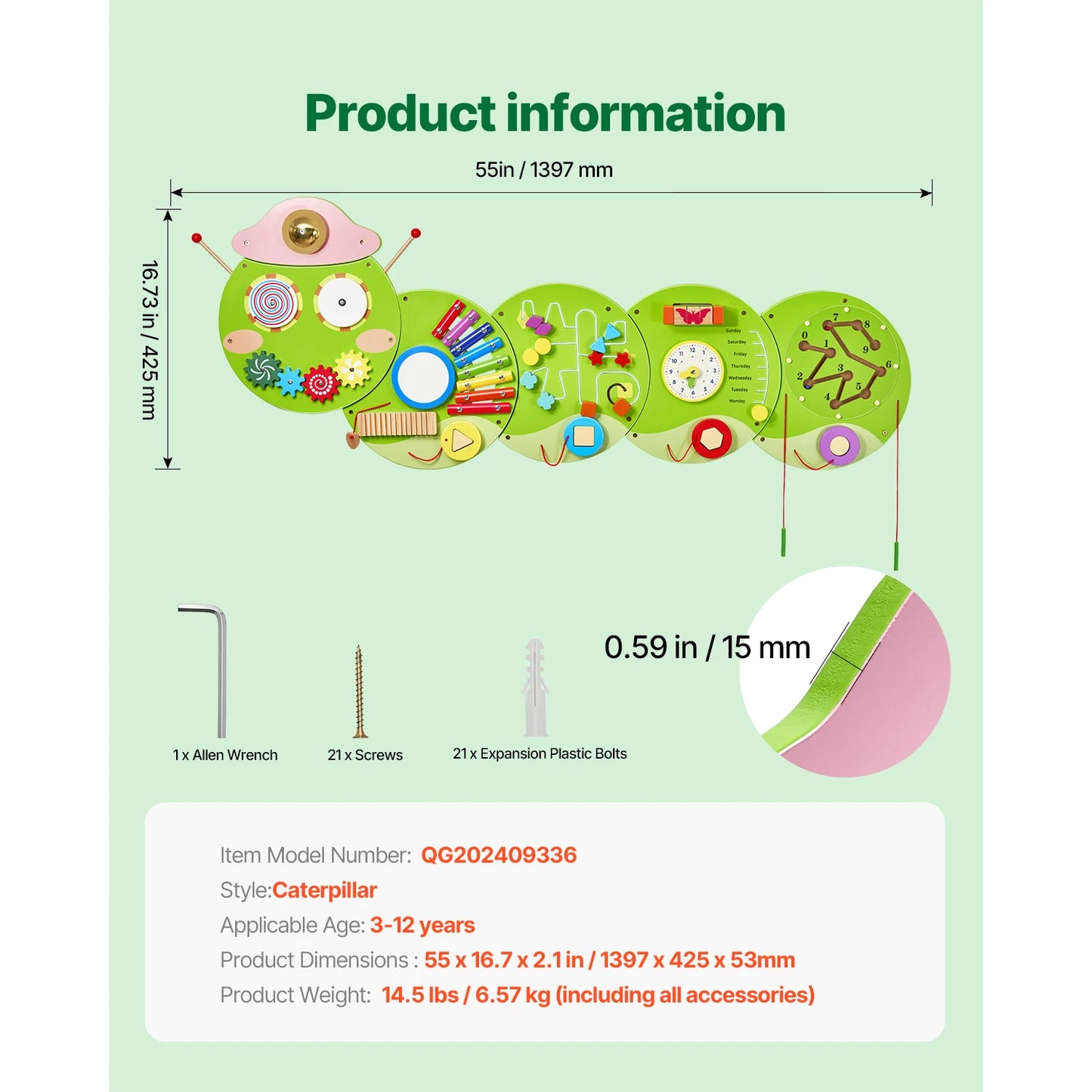 SucceBuy Caterpillar Children Wall Busy Board 12 Activities Montessori Sensory Learning Center for Kids 3-12 Years Playroom Toys