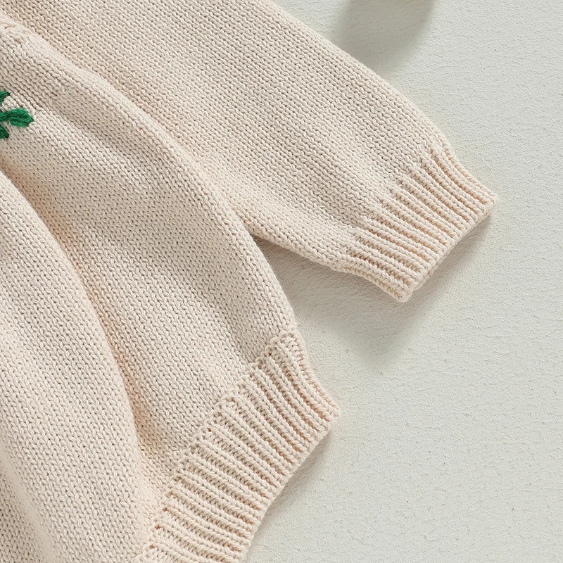 Infant Girls Floral Embroidered Knit Rompers with Long Sleeves and Crew Neckline - Cozy Toddler Jumpsuits for Autumn