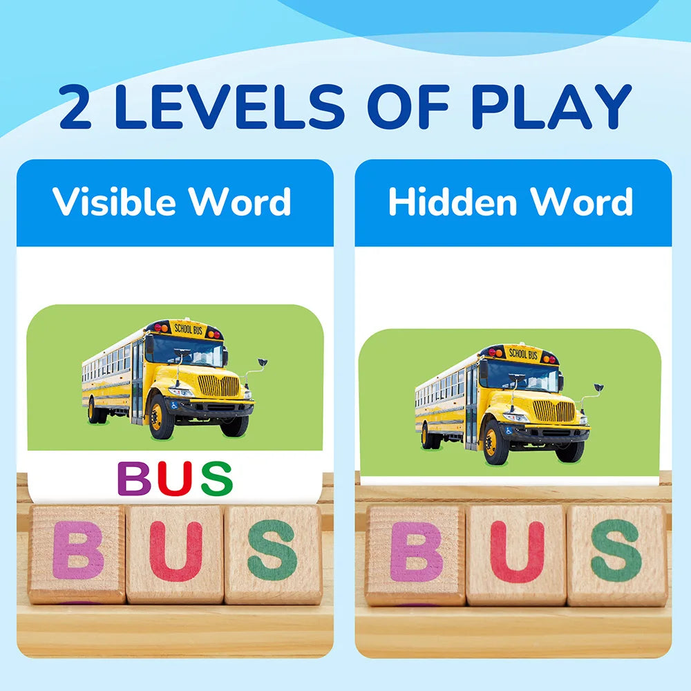 Spelling Games with Flash Cards, Montessori Toys for Kids Wooden Matching Letters Games, CVC Word Educational Learning Toys Gift