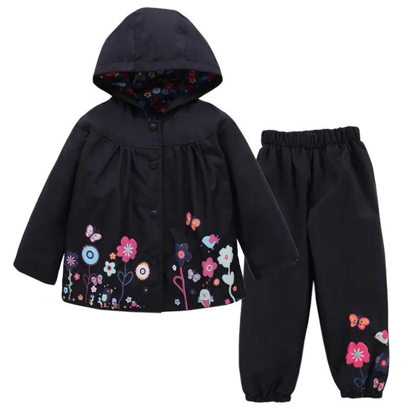 2PCS Unisex Toddler Waterproof Outfit - Spring Autumn Long-Sleeve Flower Print Coat & Pants