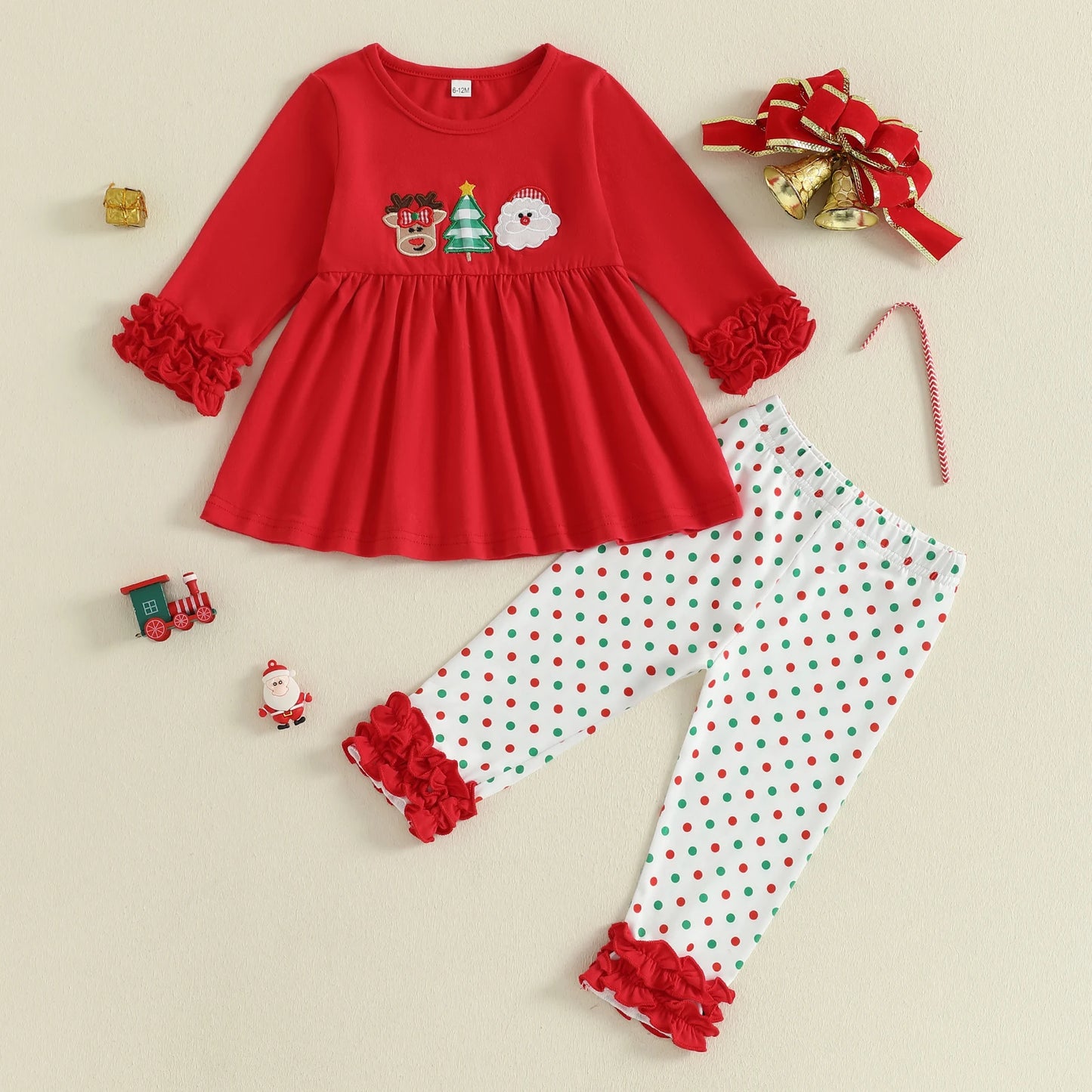 Baby Girl Winter Holiday Outfits Red Plaid Ruffle Sleeve Top Snowflake Print Leggings 2 Piece Set with Bow Detail