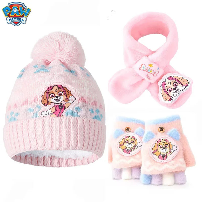 2-3PCS/SET Genuine PAW PATROL Winter Hat Glove Scarf SET Cute Cartoon Skye Chase Boys Girls Baby Cap Christmas Gifts