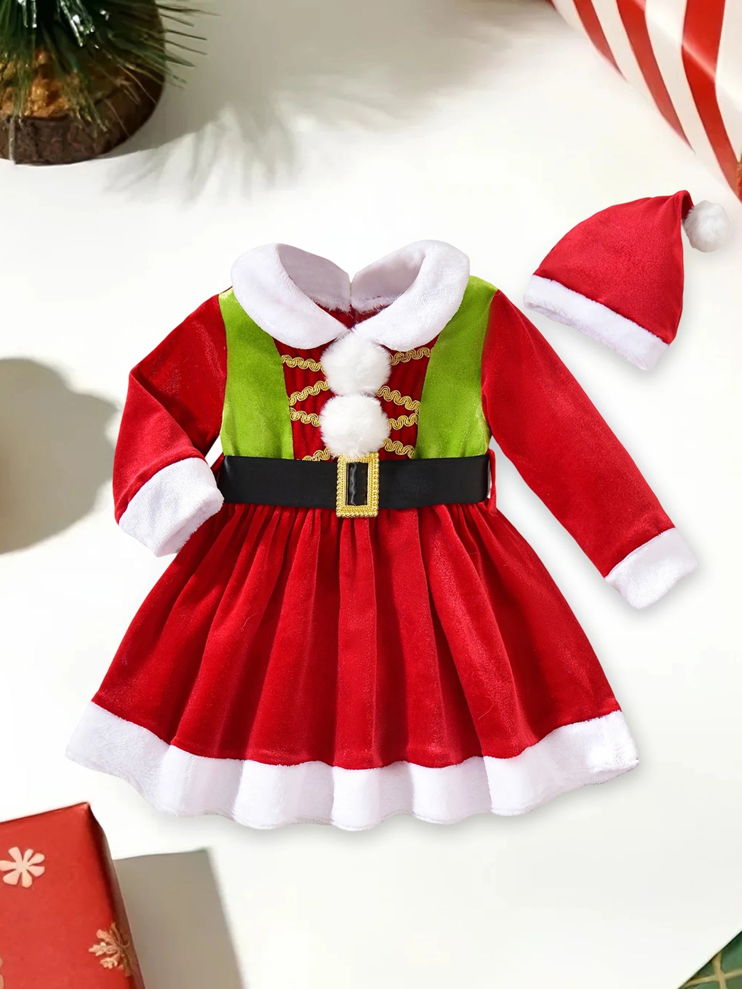 Toddler girl Christmas outfit, red dress and Santa hat.