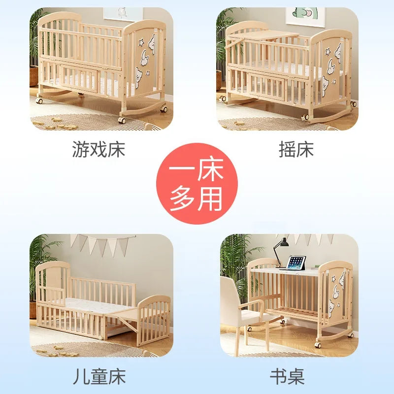 Wood Baby Crib with Diaper Table Newborn Baby Bed Multifunctional Baby Rocking Bed with Wheels and Mosquito Net
