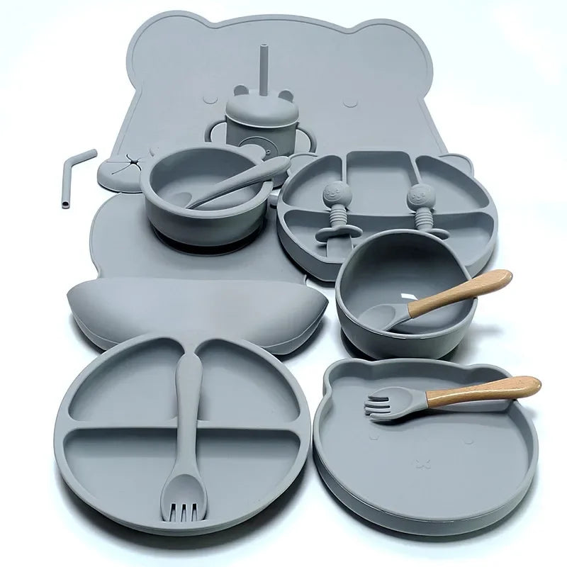 16pcs Dinner Plate Set Silicone Children's Tableware Set Baby Complementary Suction Cup Bowl Spoon Mother and Baby
