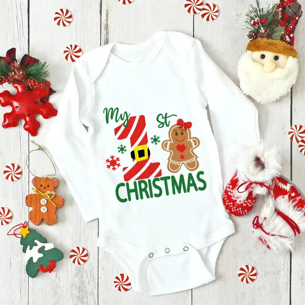 My First Christmas Newborn Baby Long Sleeve Romper Cartoon Deer Santa Printed Outfit Infant Baptism Bodysuit Clothes Xmas Gift