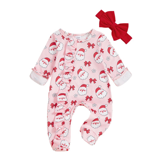 Cute Baby Boy Christmas Romper Reindeer Print Long Sleeve Snap Up Footed Jumpsuit with Matching Hat and Socks