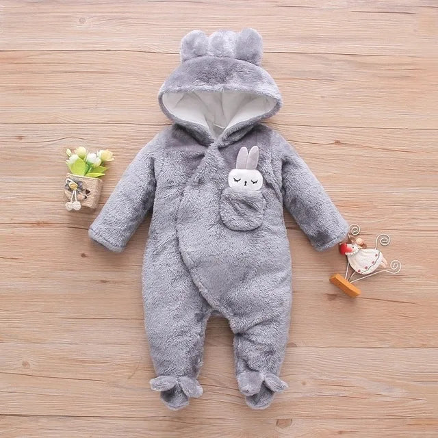 New Autumn Winter Baby Plush Climbing Clothes - Warm Thick Cartoon Dog/Rabbit Cotton Outfit for 0-2 Years Old | Cute Baby Romper
