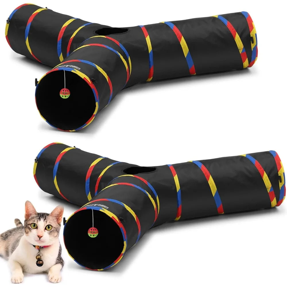 2 Pack Collapsible Cat Tunnels 3 Way, Cats Dogs Maze Tube with Ball for Indoor Outdoor Large Cat Play Toy (Black)