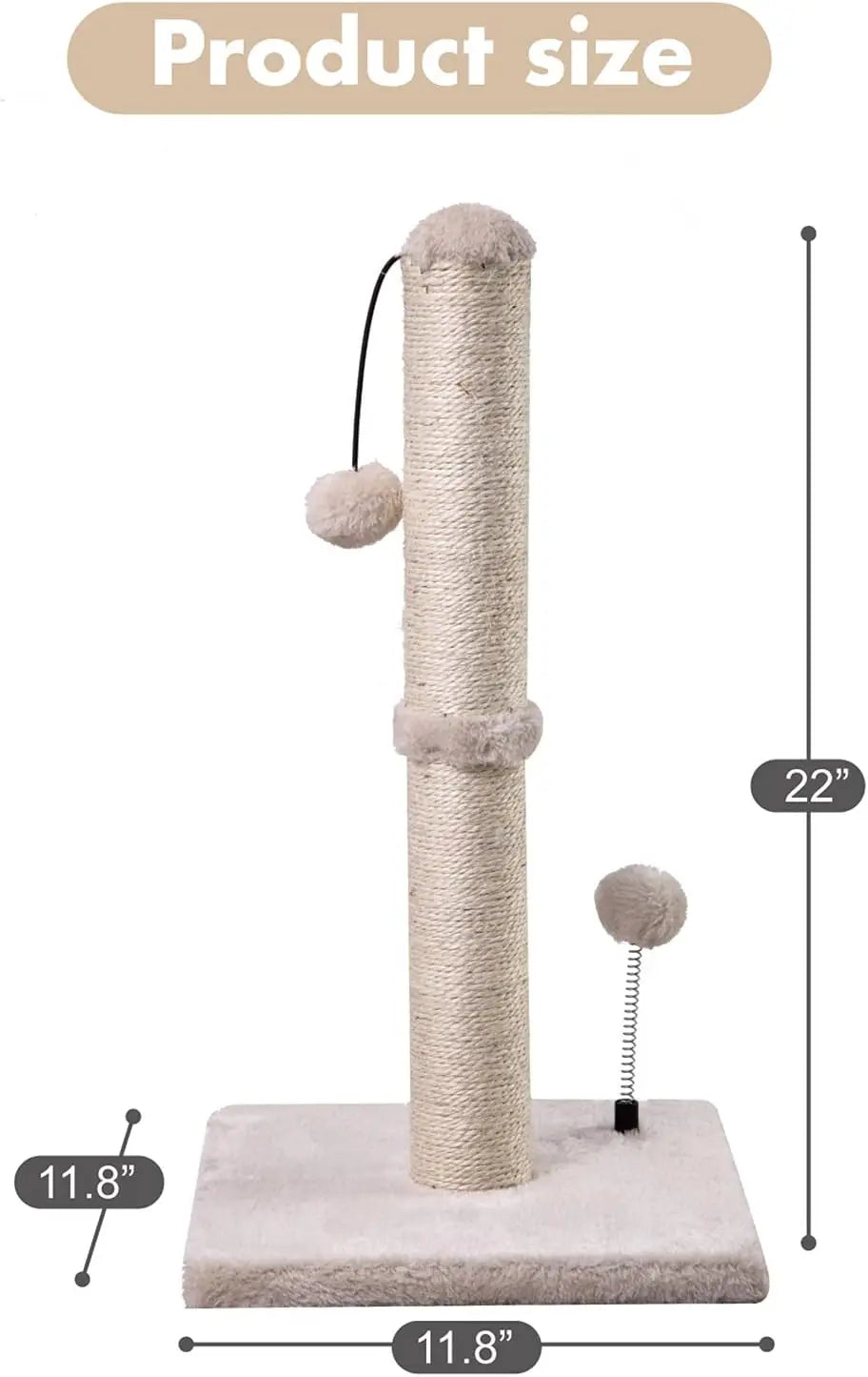 Cat Scratching Post with Hanging Ball - 22” Sisal Scratch Pad for Kittens & Small Cats - Durable Basics Design - Beige