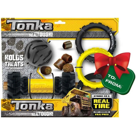 Tonka Three Dog Toy Gift Set - 3in Mega Ball, 7in Axle Tread with Insert Feeder, and 10.5in Rubber Flex Tread 3-Ring Tug - Yello