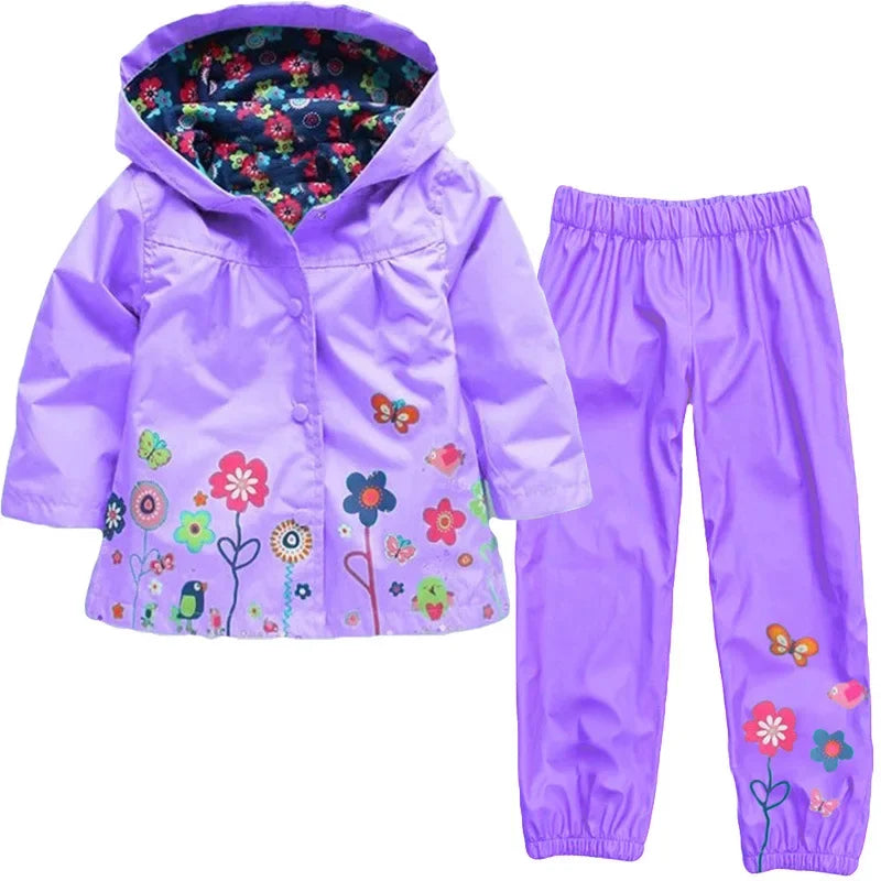 2PCS Unisex Toddler Waterproof Outfit - Spring Autumn Long-Sleeve Flower Print Coat & Pants