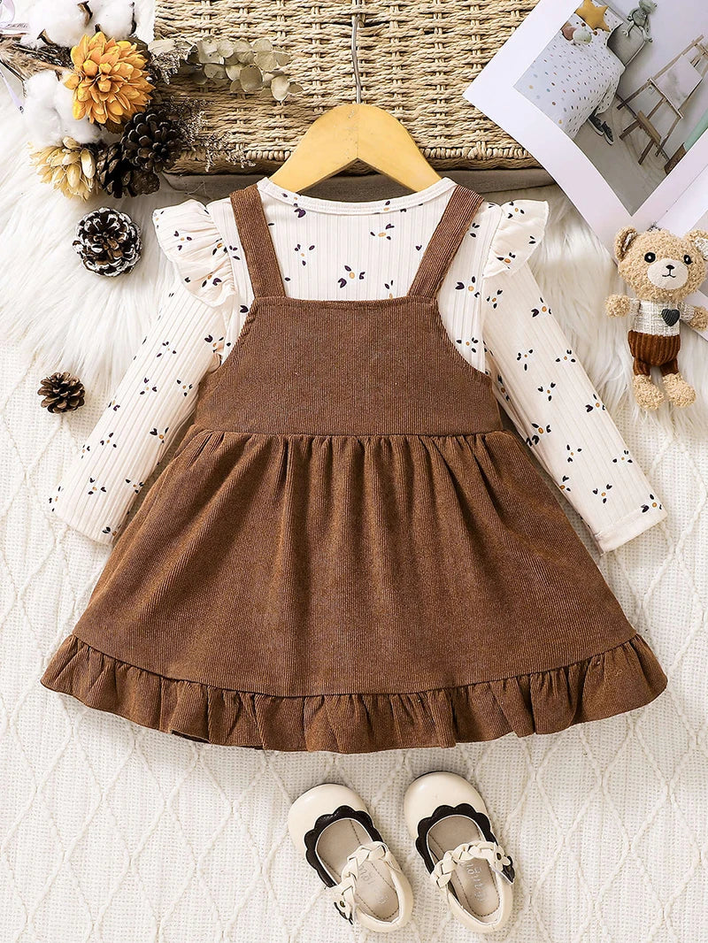 2Pcs Floral Bodysuit and Strap Dress  Set for Baby Girls Spring Autumn Infants One Piece Clothing 0-2Y Toddler Outfit