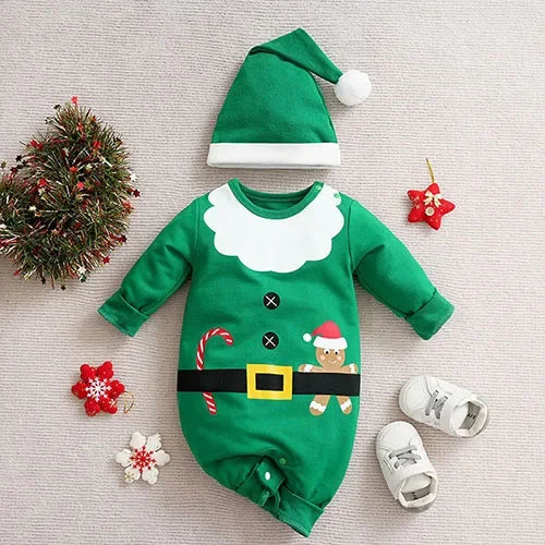 Christmas Children Clothes 0-24M Newborn Baby Boys Girls Bodysuits Long Sleeved Cartoon Velvet Jumpsuit New Year Clothing