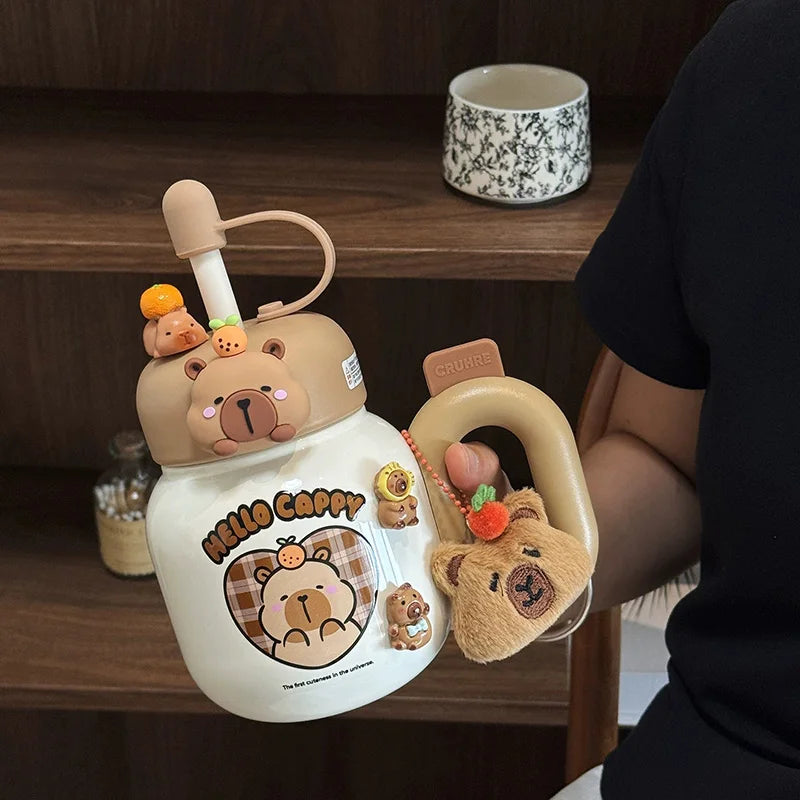 Cute Thermos Bottle With Handle Girls Straw Water Cup Desktop 316 Stainless Steel Tea Water Separation Insulated Cup Tumbler