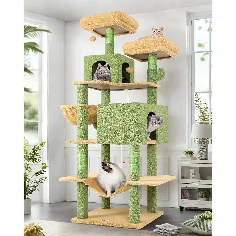 Cactus Cat Tree Tower 76-Inch Extra Tall Multi-Level Cat Furniture with Cozy Condos, Interactive Toys and Perches for Large Cats